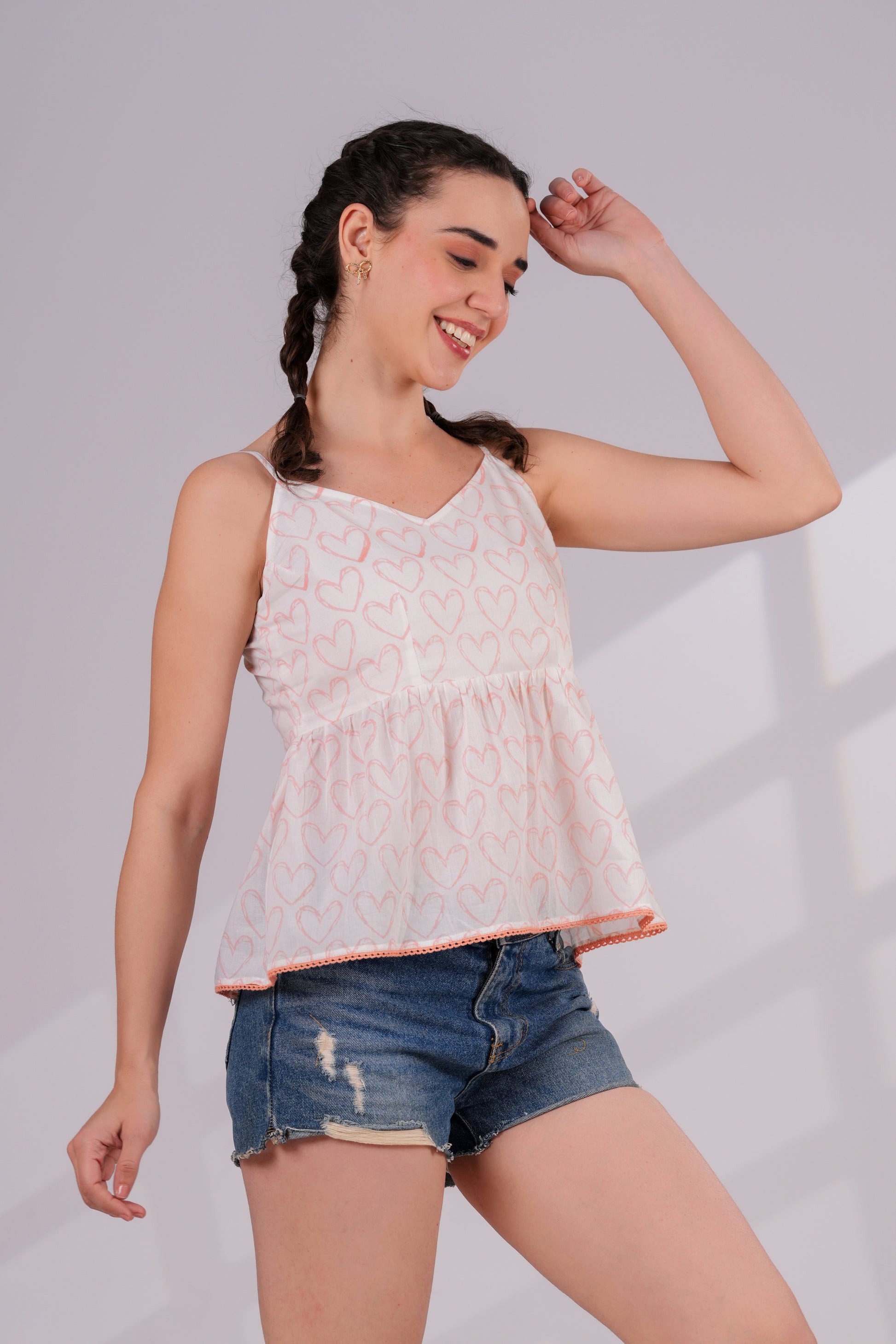 Pink Heart Print Strappy Top | JOVI India