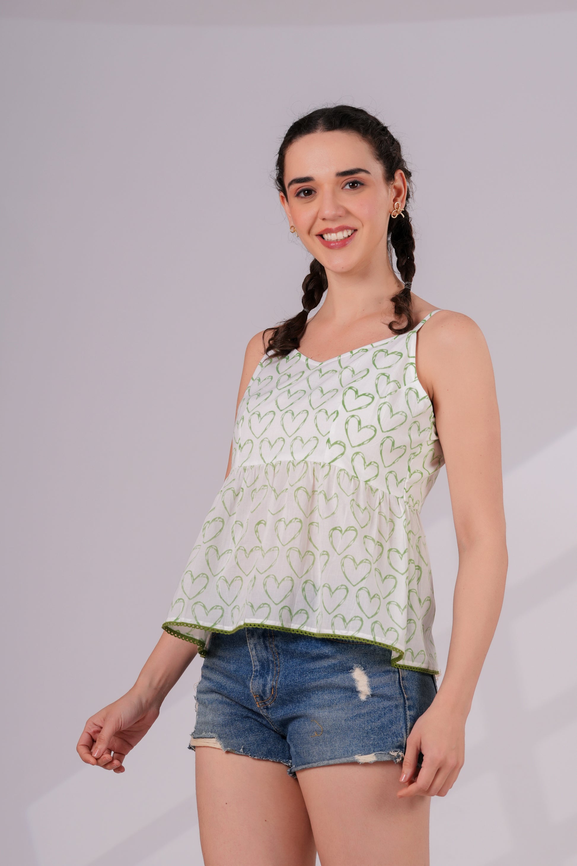 Green Heart Print Strappy Top | JOVI India