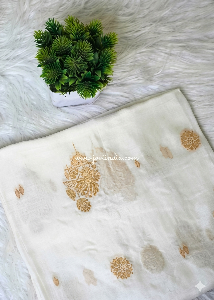 White Zari Loom Muslin Silk Fabric | JOVI India