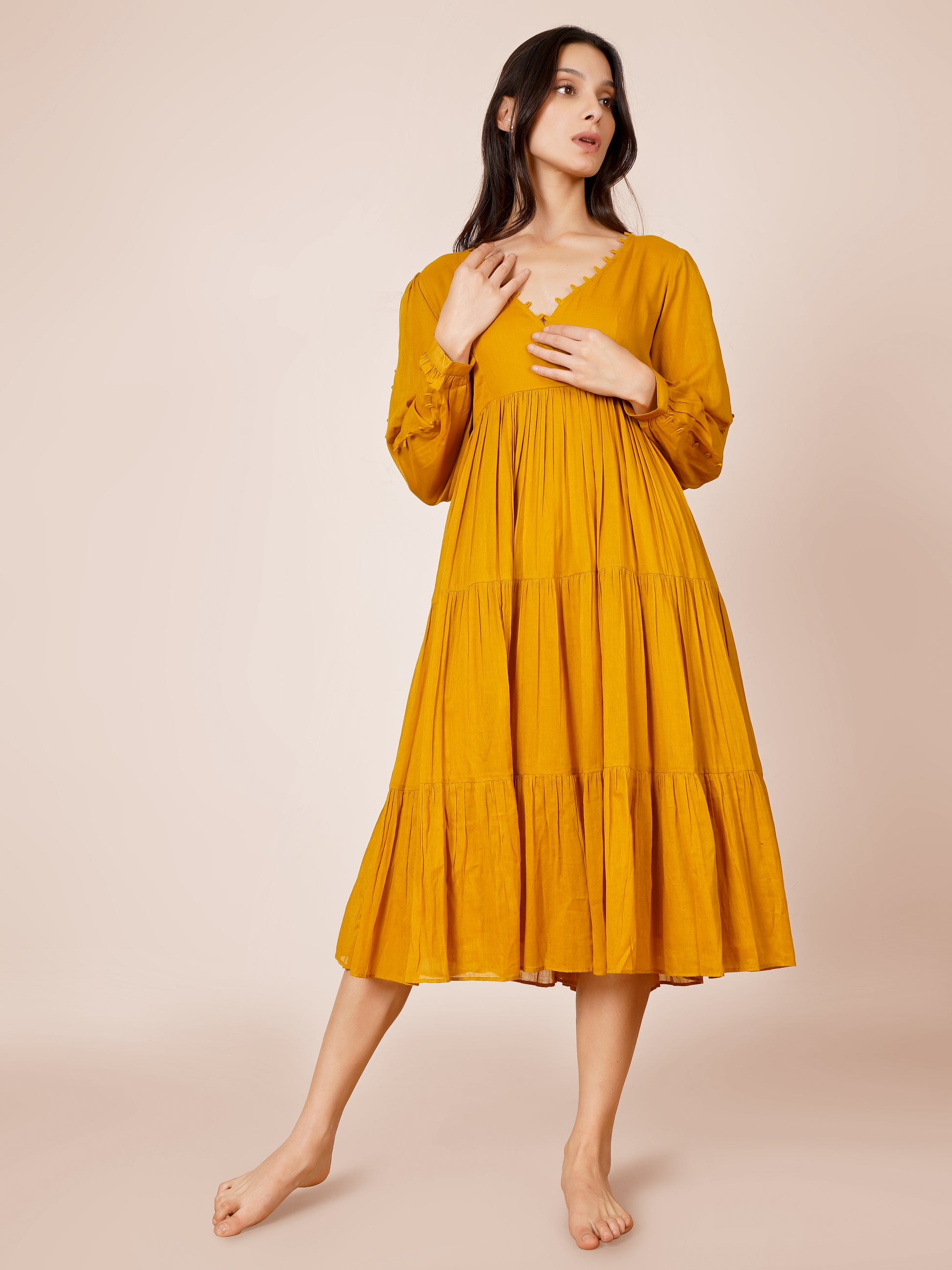 Fashionable Mulmul Mustard Yellow Loop Detailed Midi Dresses for Women