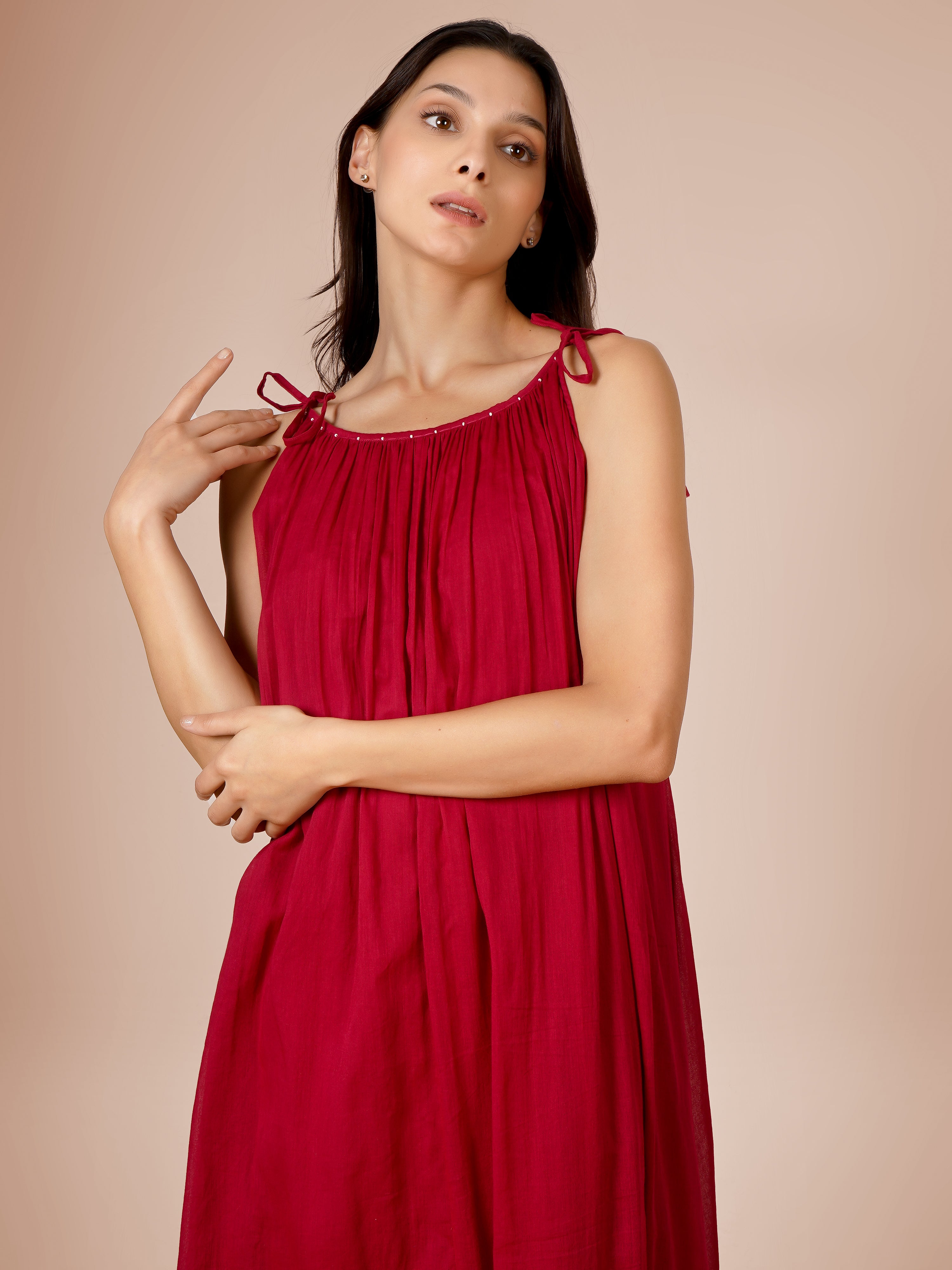 Fashionable Mulmul Cherry Red Halter Dresses for Women