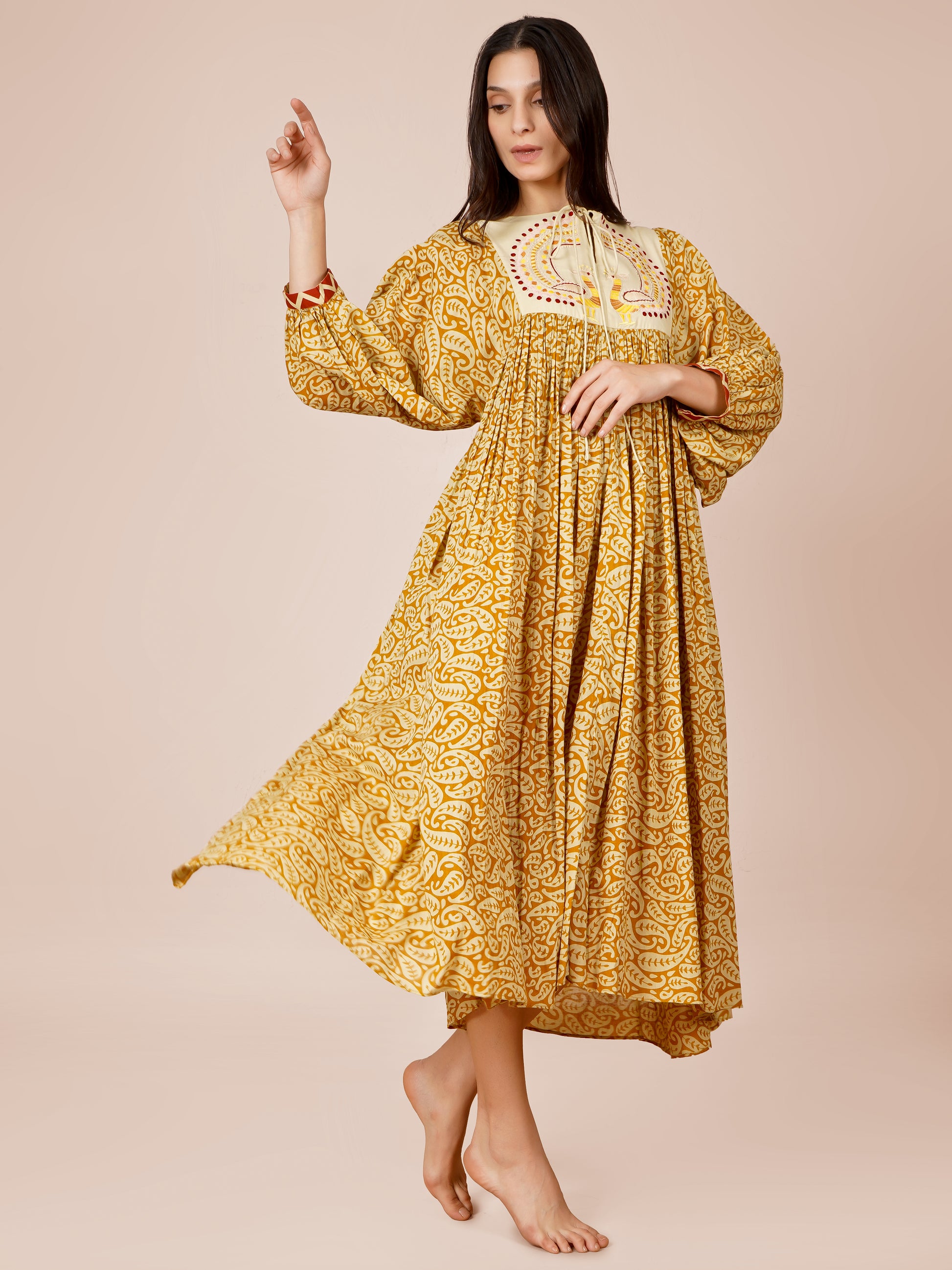 Mustard Printed Peacock Embroidery Dress 2XL Mustard Printed Peacock Embroidery Dress 2XL