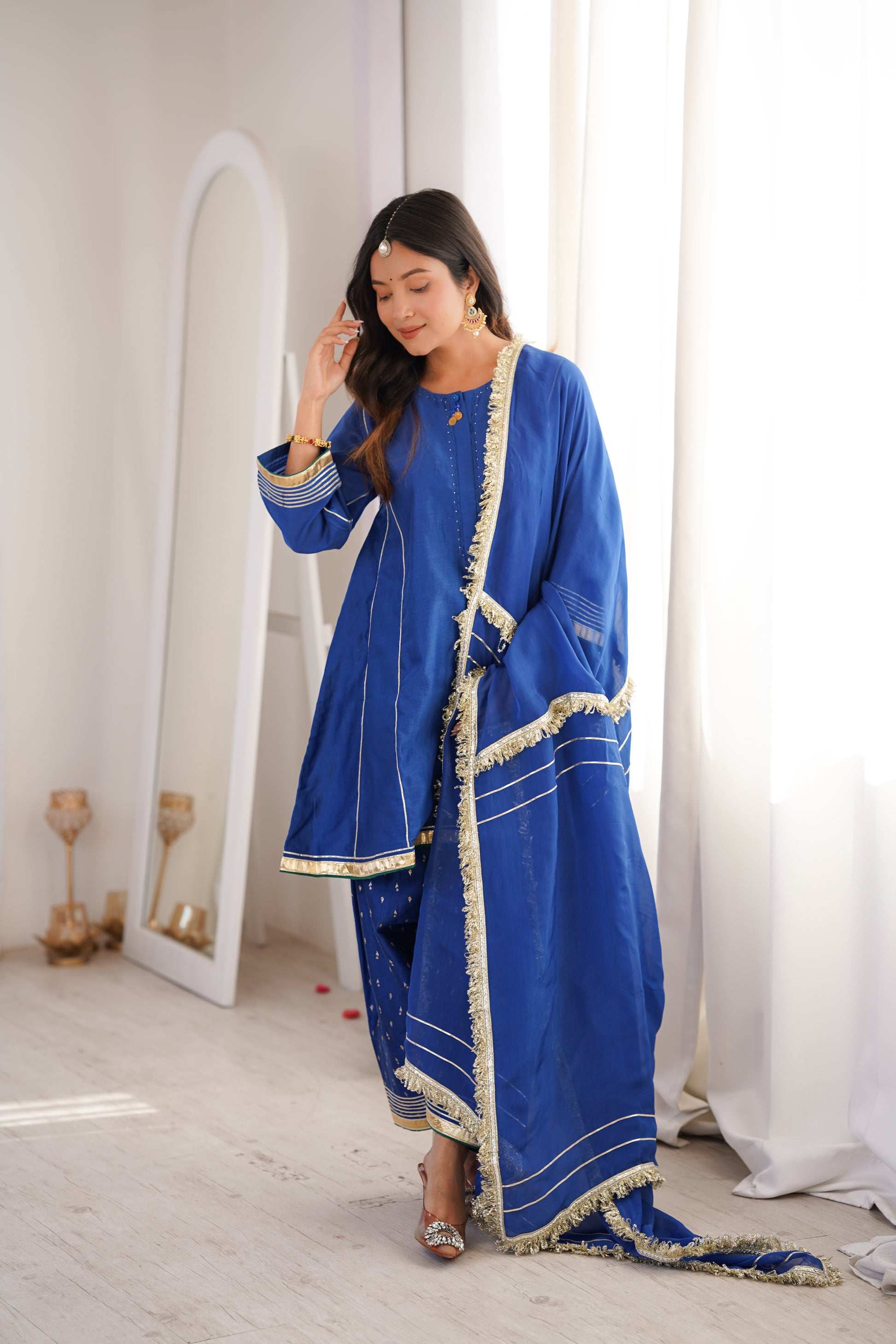 Royal Blue Chanderi Farshi Suit Set | JOVI India