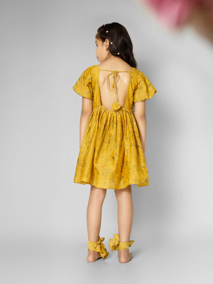 Natural Dyed Mustard Yellow Back Deep Short Dress