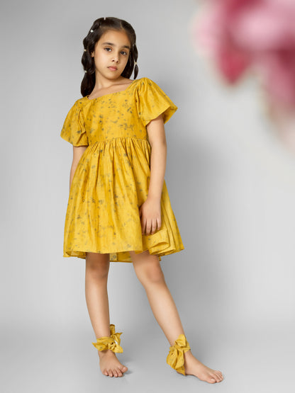 Natural Dyed Mustard Yellow Back Deep Short Dress