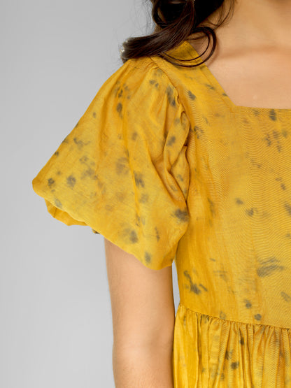 Natural Dyed Mustard Yellow Back Deep Short Dress