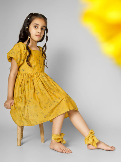 Natural Dyed Mustard Yellow Back Deep Short Dress