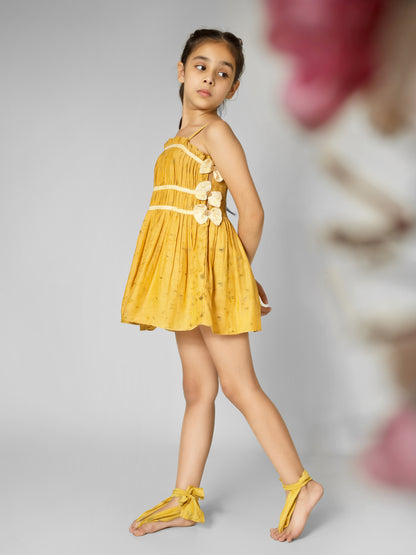 Natural Dyed Mustard Yellow Side Bow Dress