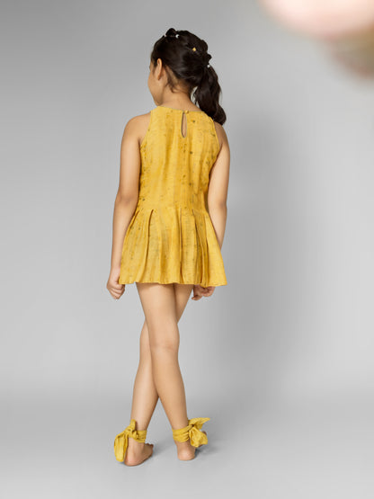 Natural Dyed Mustard Printed Box-Pleated Dress