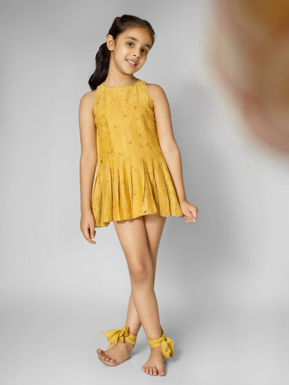 Natural Dyed Mustard Printed Box-Pleated Dress