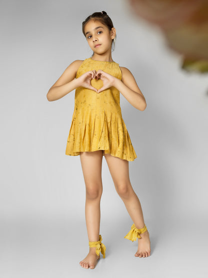 Natural Dyed Mustard Printed Box-Pleated Dress