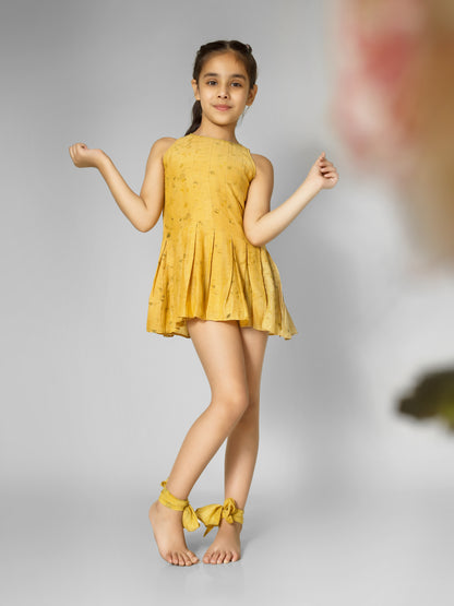 Natural Dyed Mustard Printed Box-Pleated Dress