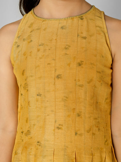 Natural Dyed Mustard Printed Box-Pleated Dress