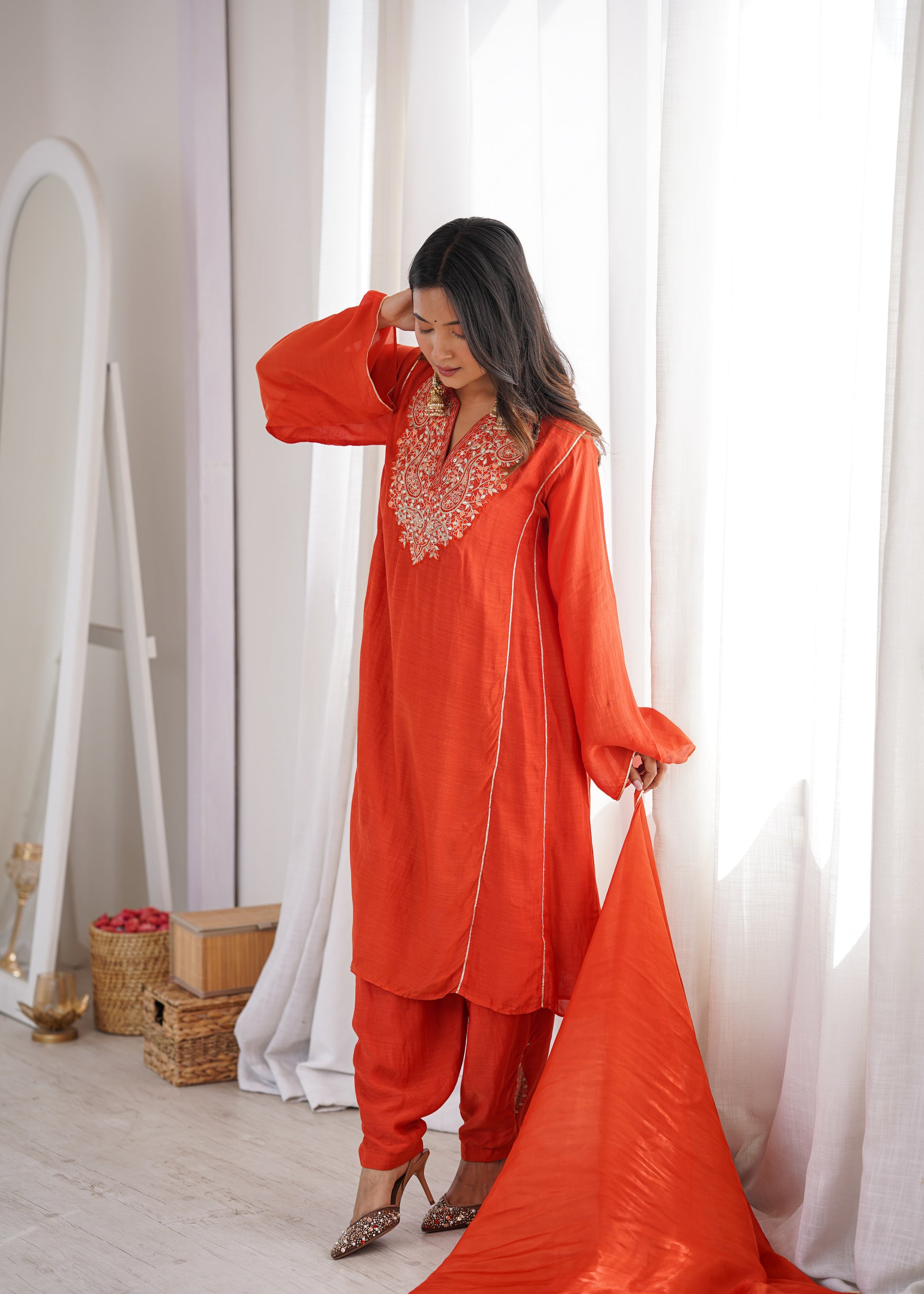 Orange Anti-fit Kurta Pant Suit Set | JOVI India
