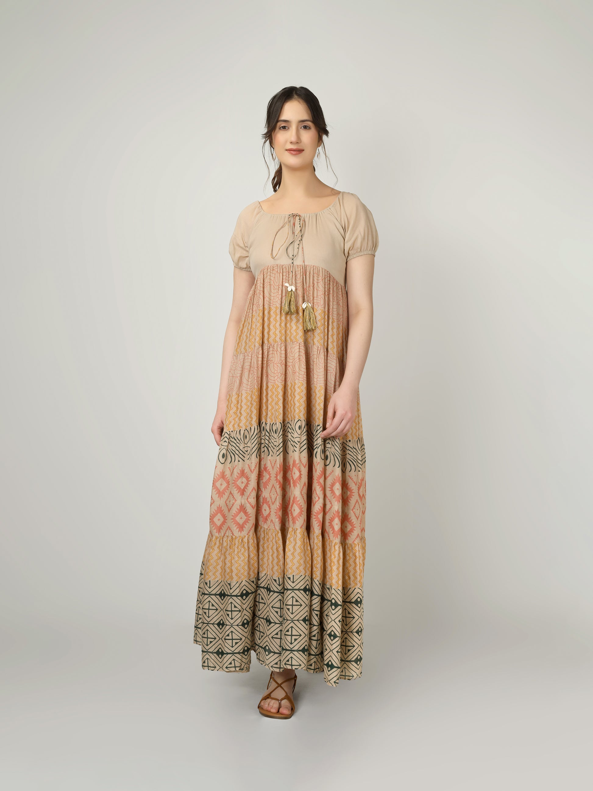 Beige Multi Tier Maxi Dress | JOVI Fashion India