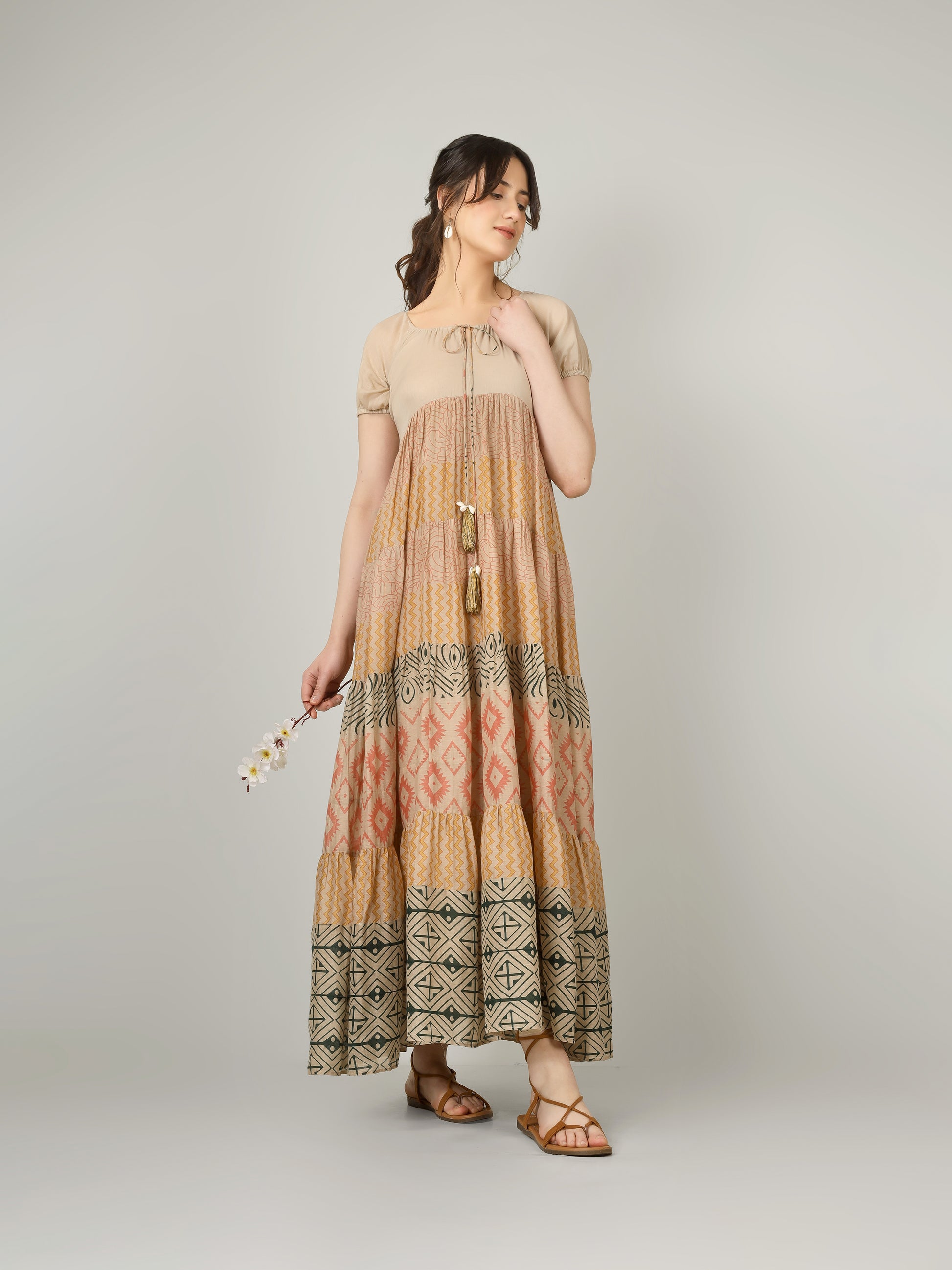Beige Multi Tier Maxi Dress | JOVI Fashion India