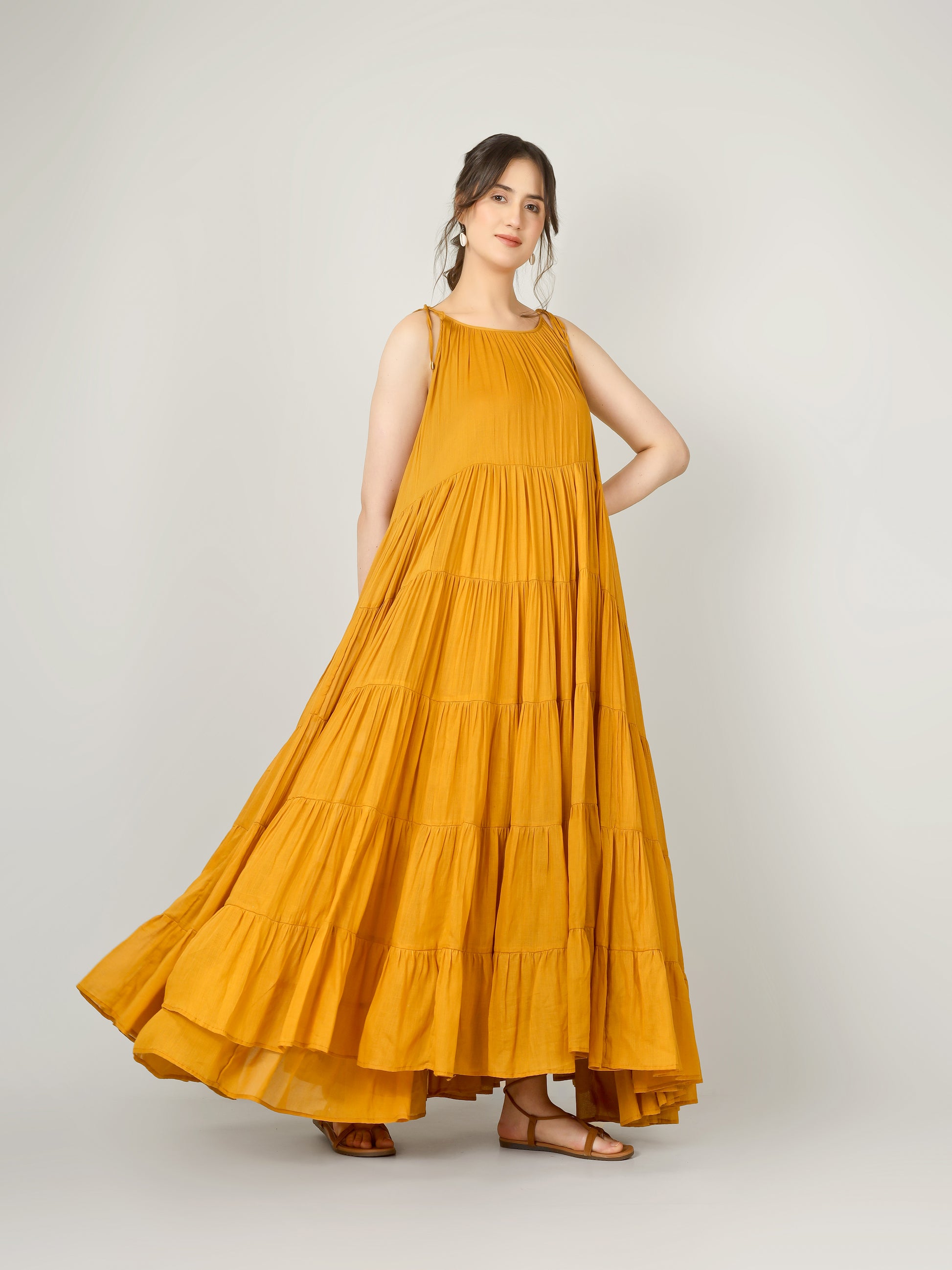 Mustard Multi Tier Maxi Dress | JOVI Fashion India