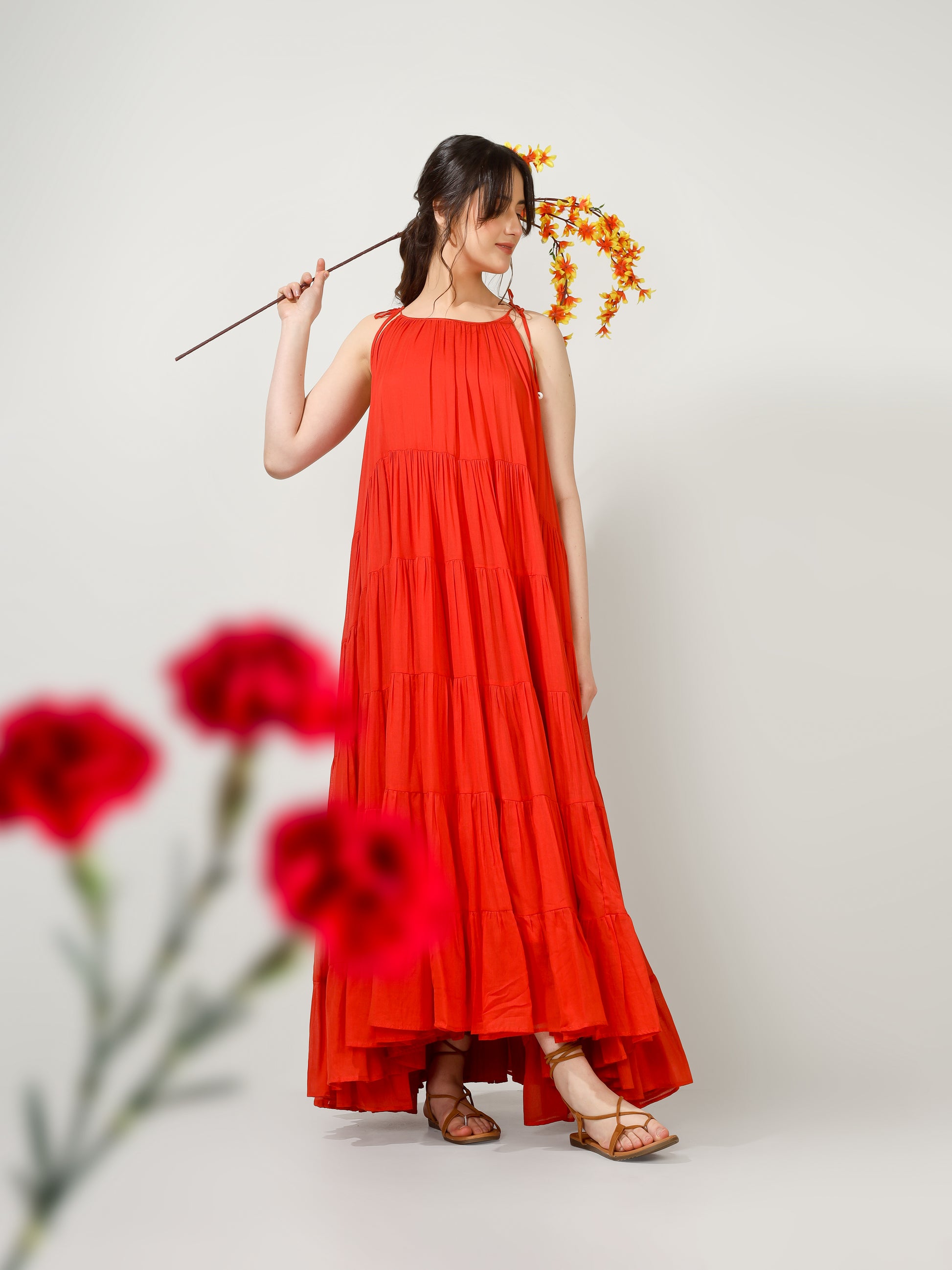 Orange Multi Tier Maxi Dress | JOVI Fashion India
