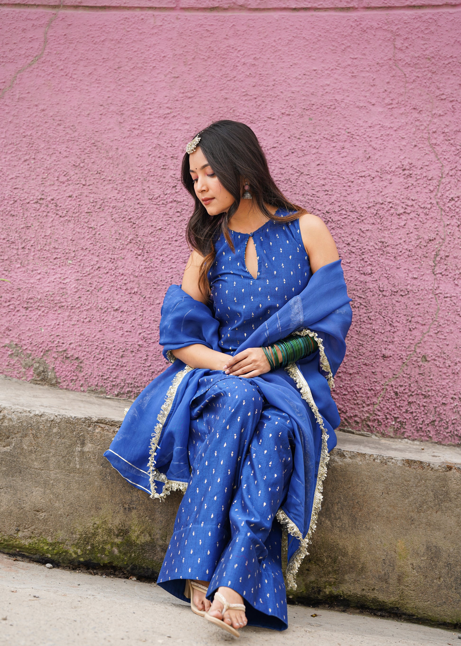 Royal Blue Chanderi Sleeveless Farshi Suit Set | JOVI India