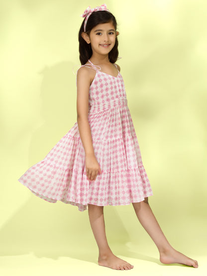 Jiyara White Printed Waist Pleated Dress