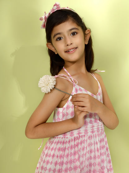 Jiyara White Printed Waist Pleated Dress