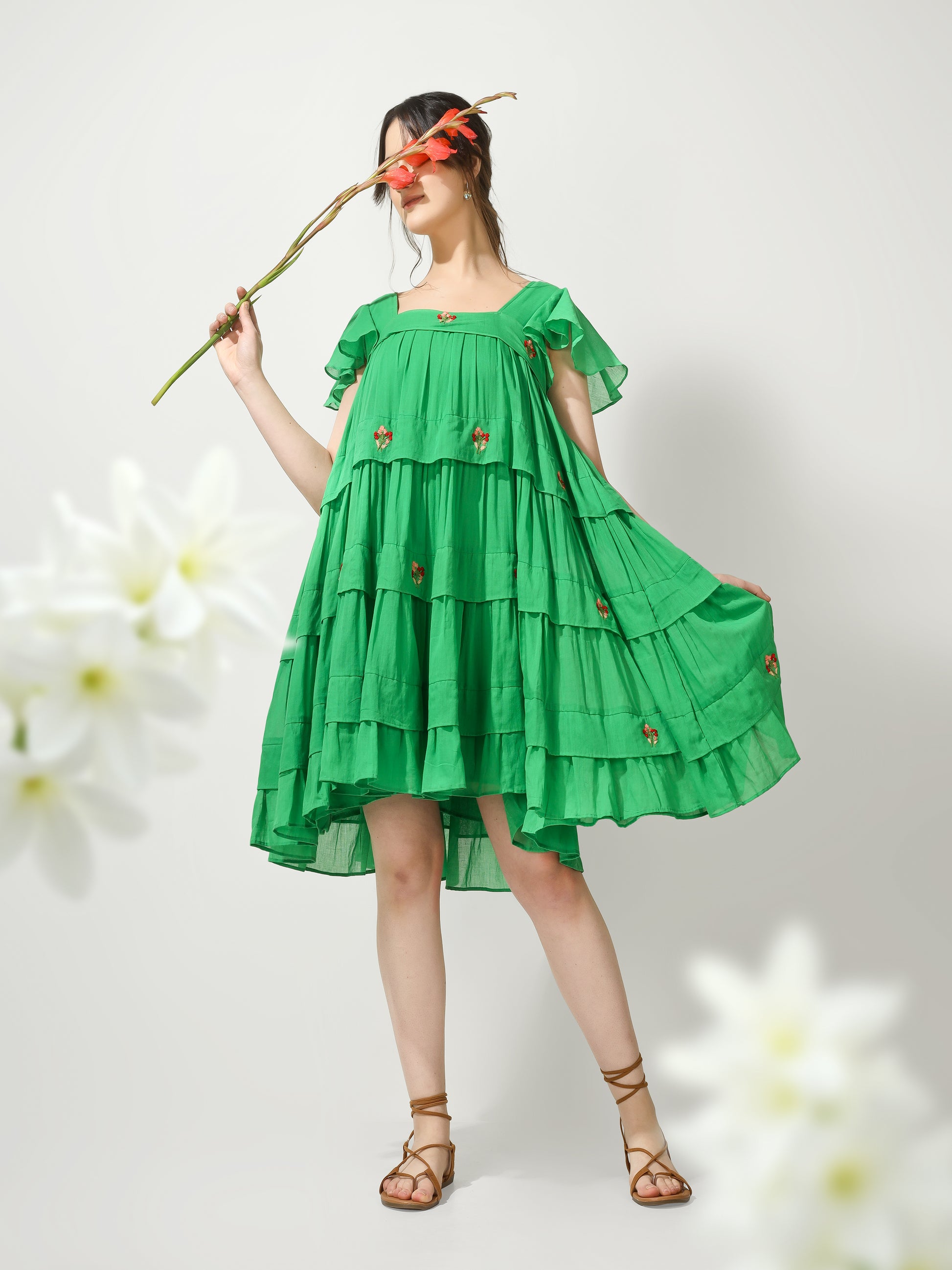 Green Embroidered Short Dress | JOVI Fashion India