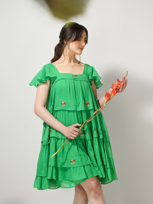 Green Embroidered Short Dress | Jovi Fashion India
