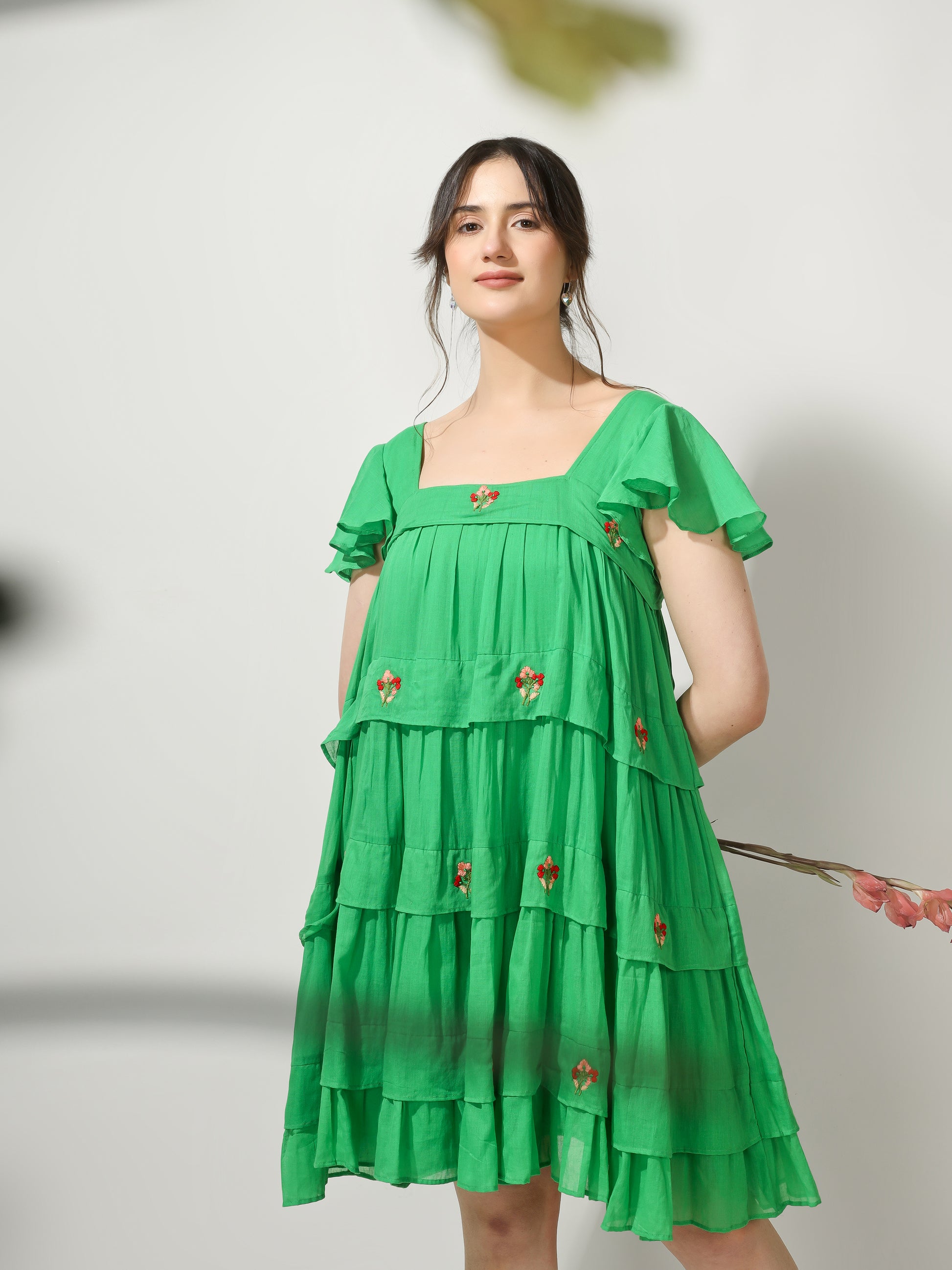 Green Embroidered Short Dress | JOVI Fashion India