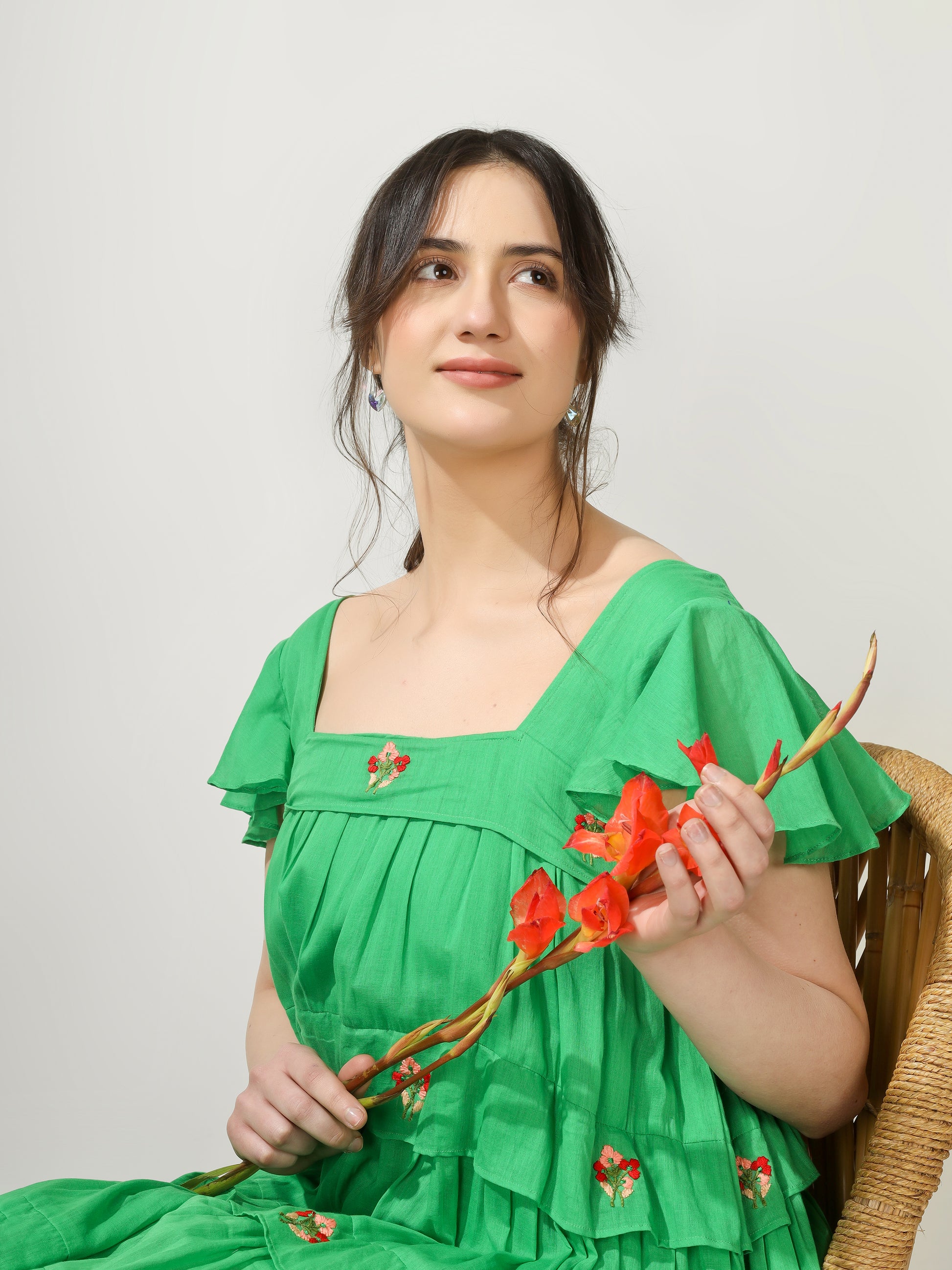 Green Embroidered Short Dress | JOVI Fashion India