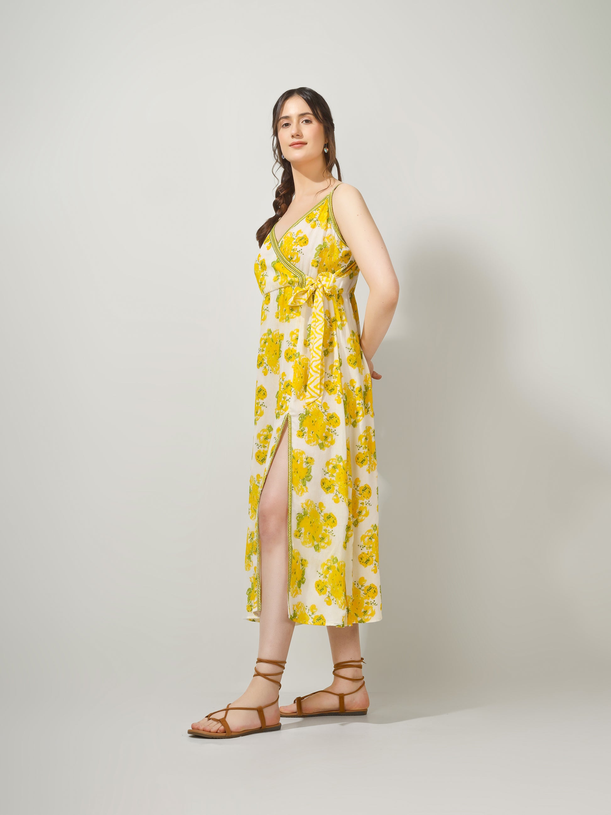 Yellow Printed Strappy Wrap Dress | JOVI Fashion India