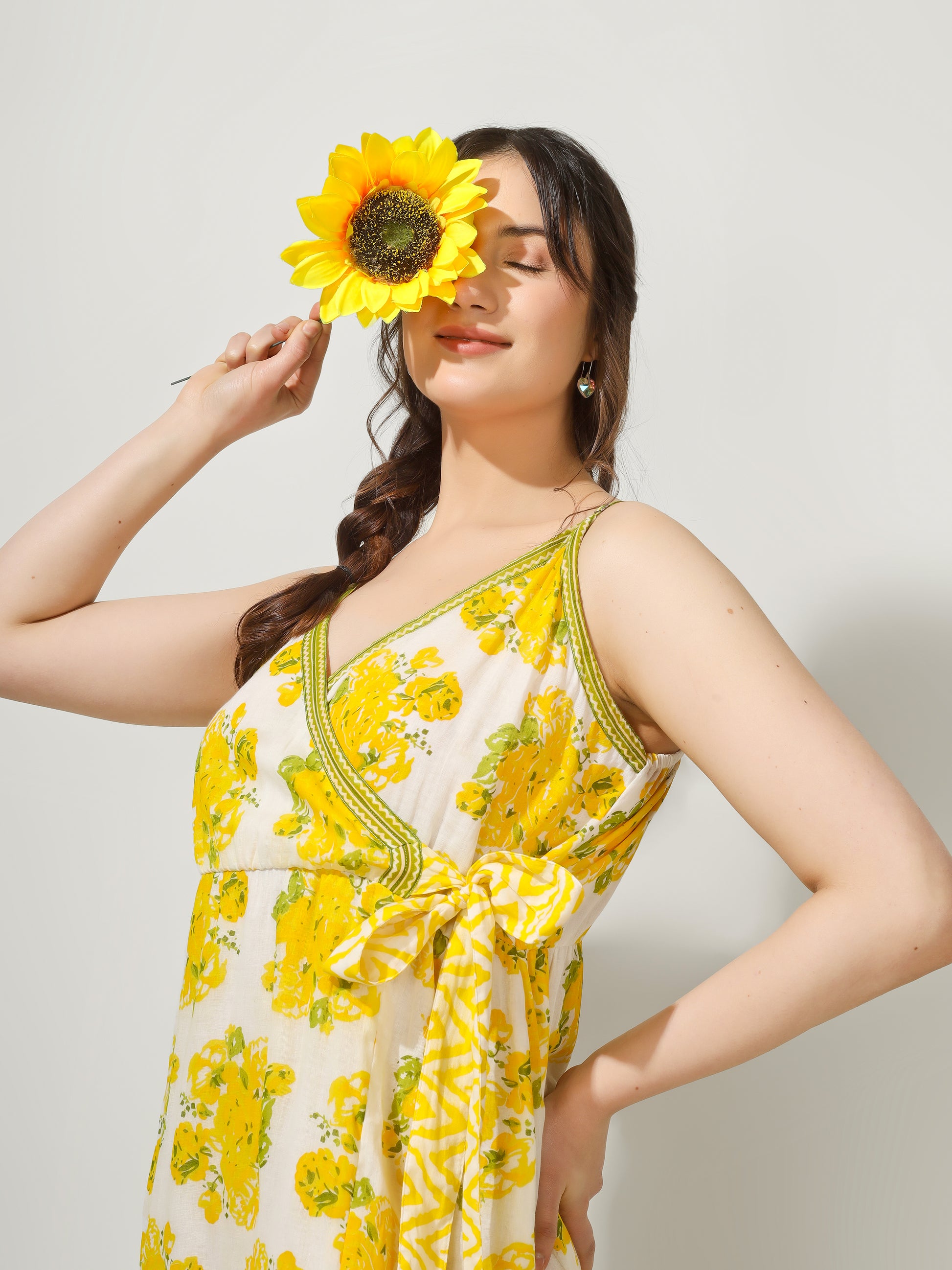 Yellow Printed Strappy Wrap Dress | JOVI Fashion India