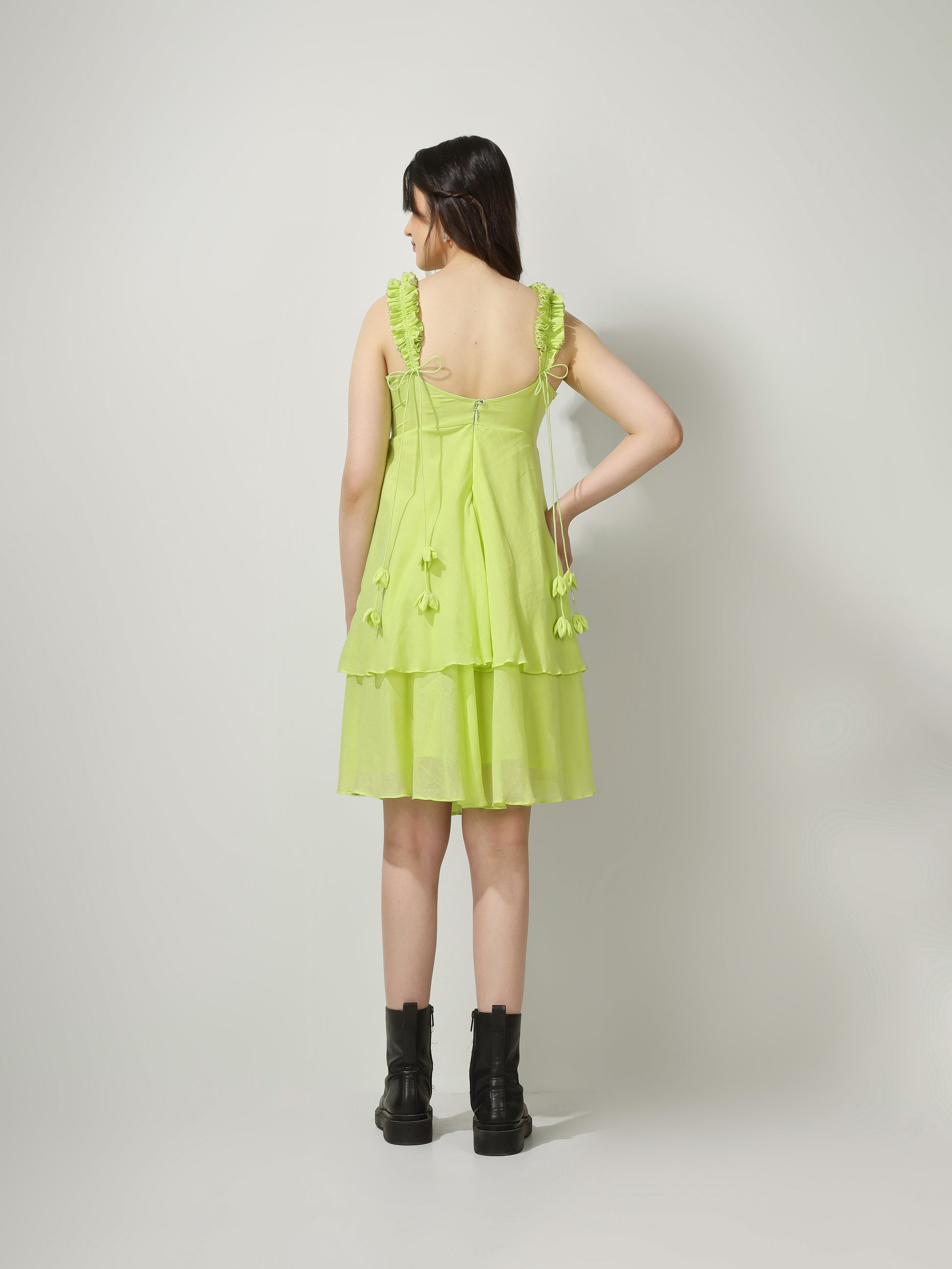 Lime Green Ruffled Short Dress | JOVI Fashion India