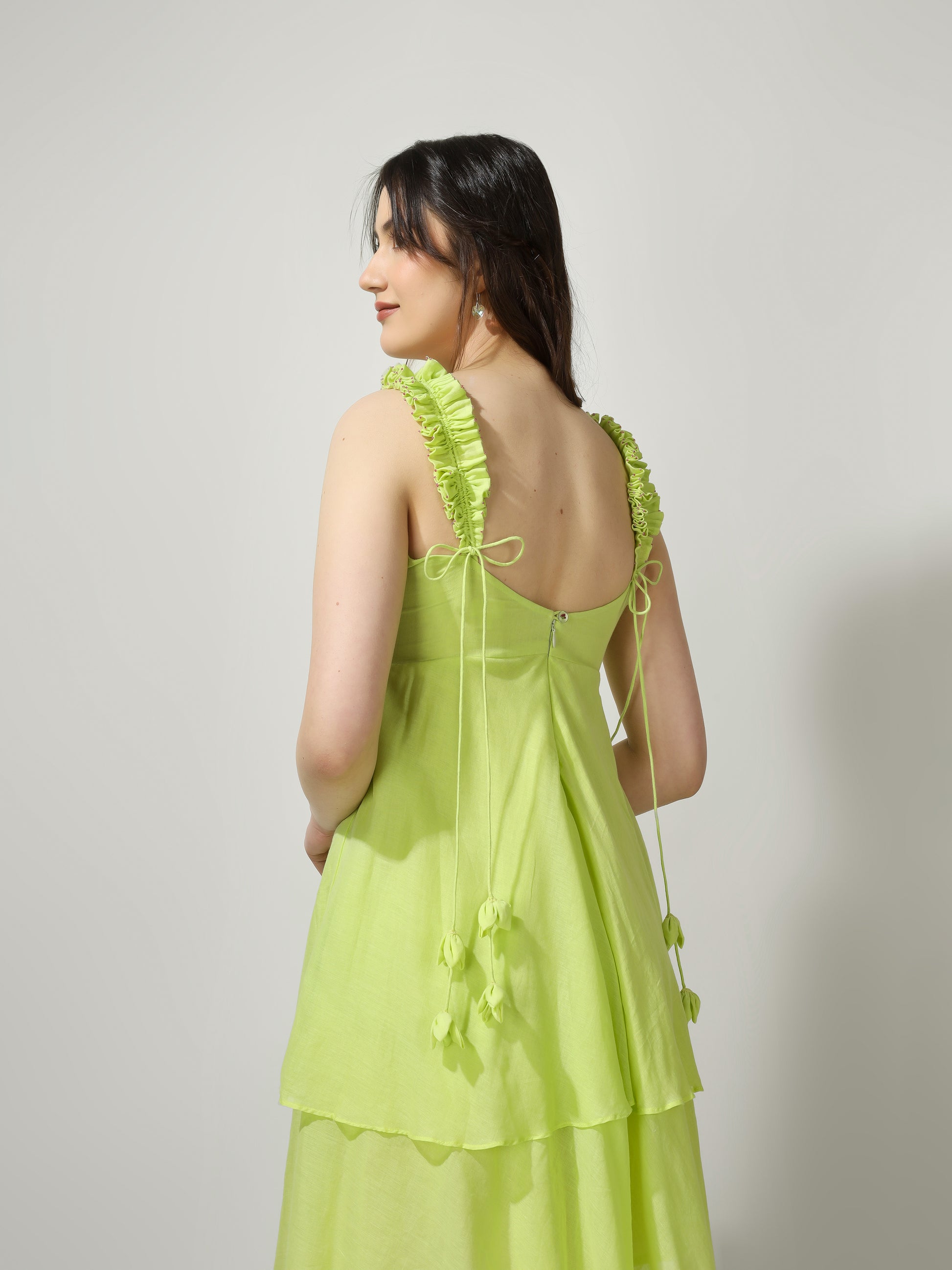 Lime Green Ruffled Short Dress | JOVI Fashion India