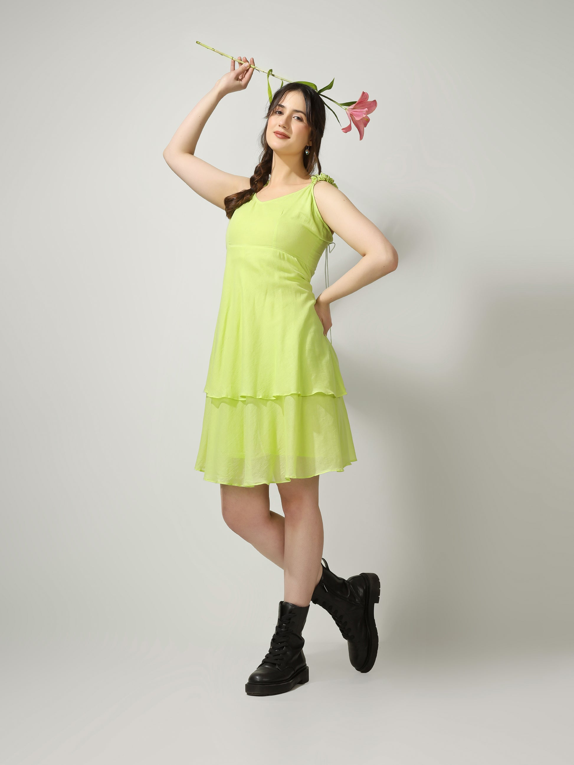 Lime Green Ruffled Short Dress | JOVI Fashion India