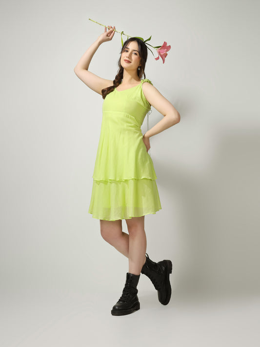 Lime Green Ruffled Short Dress | Jovi Fashion India
