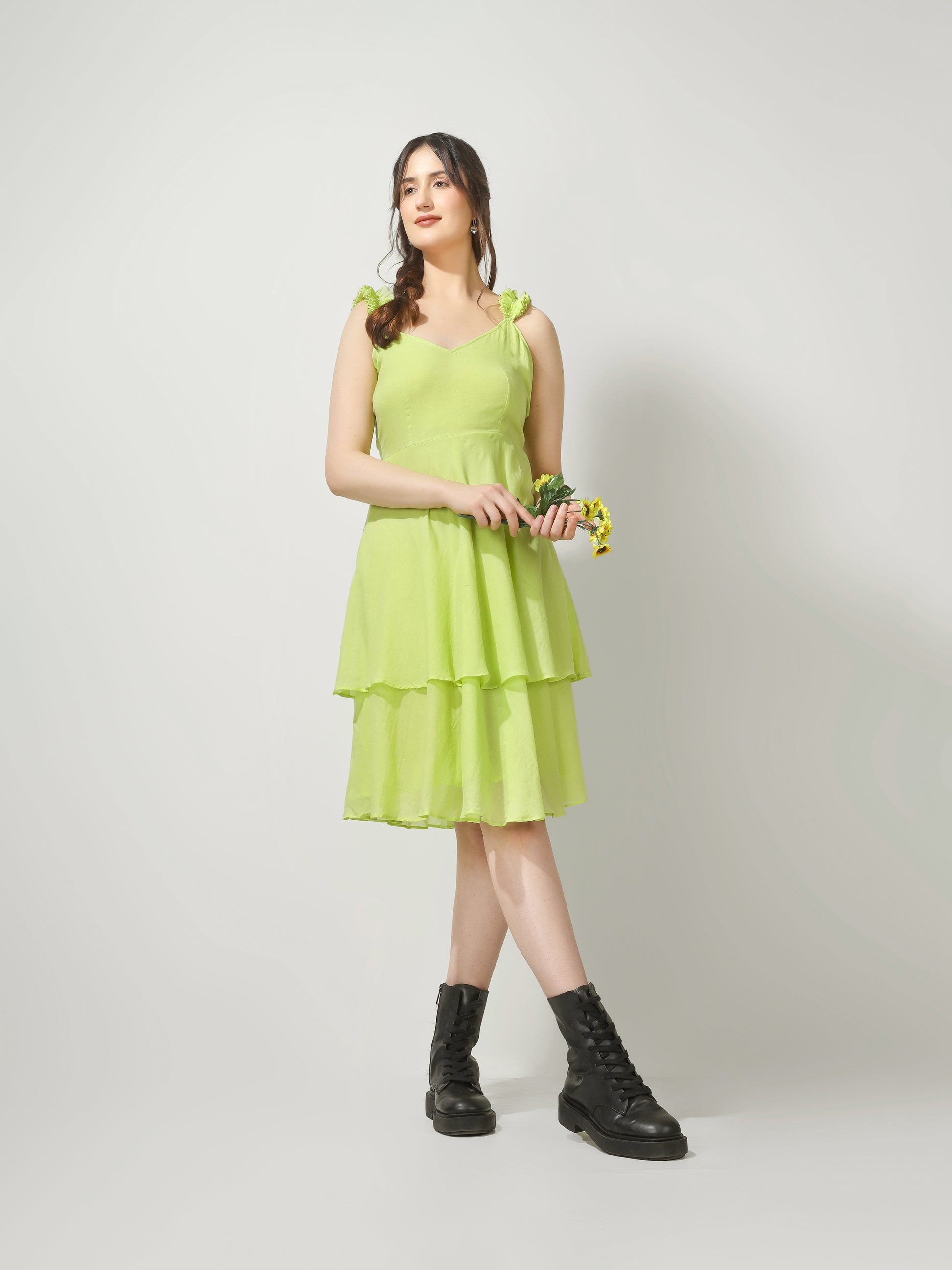 Lime Green Ruffled Short Dress | JOVI Fashion India