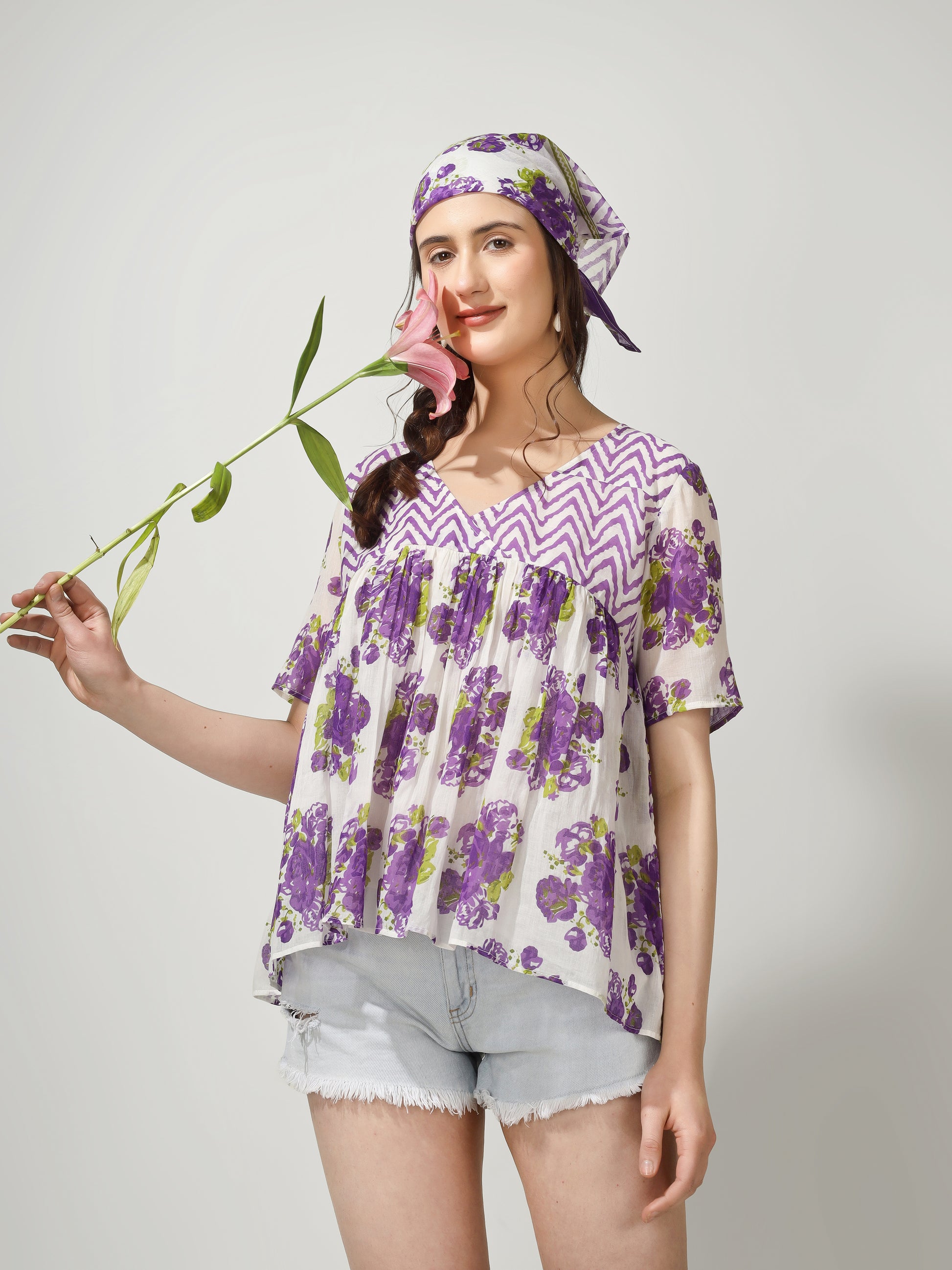 Purple Printed Gather Top | JOVI Fashion India