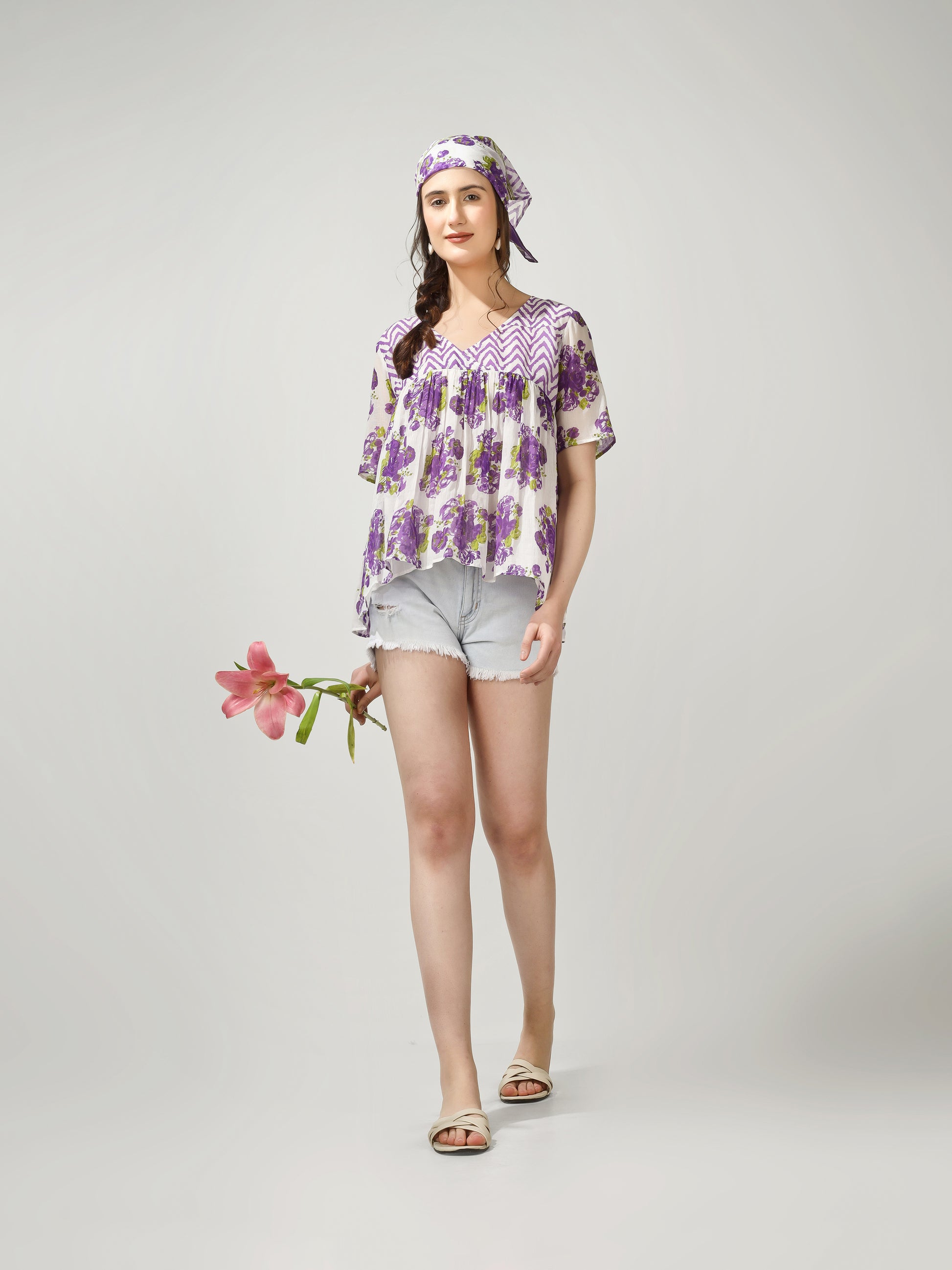 Purple Printed Gather Top | JOVI Fashion India