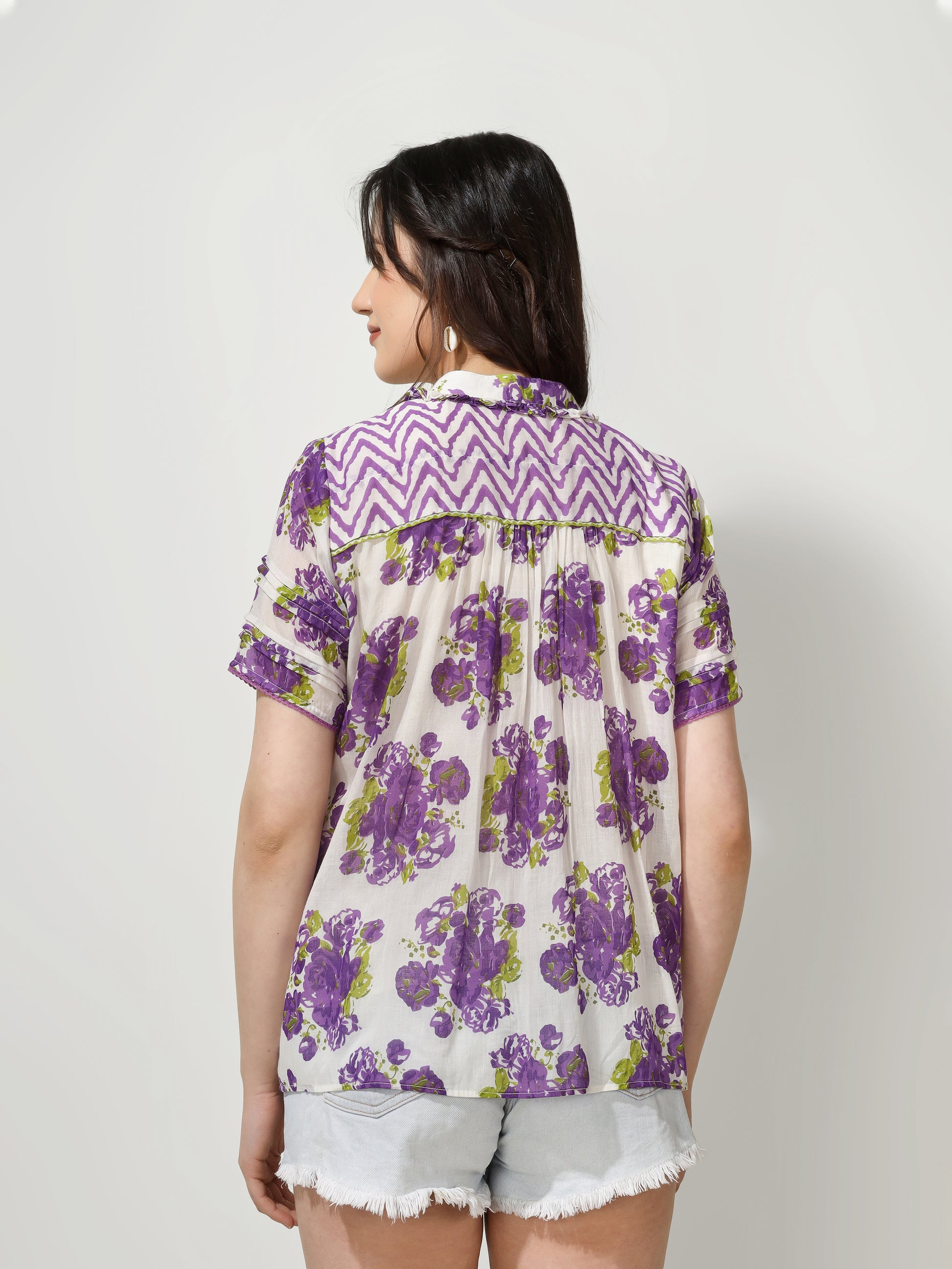 Purple Printed Pintucks Shirt | JOVI Fashion India