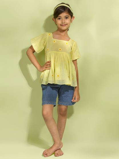 Butter Yellow Short Sleeved Embroidered Top