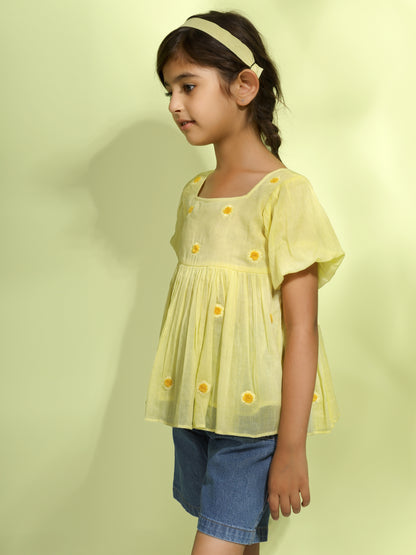 Butter Yellow Short Sleeved Embroidered Top