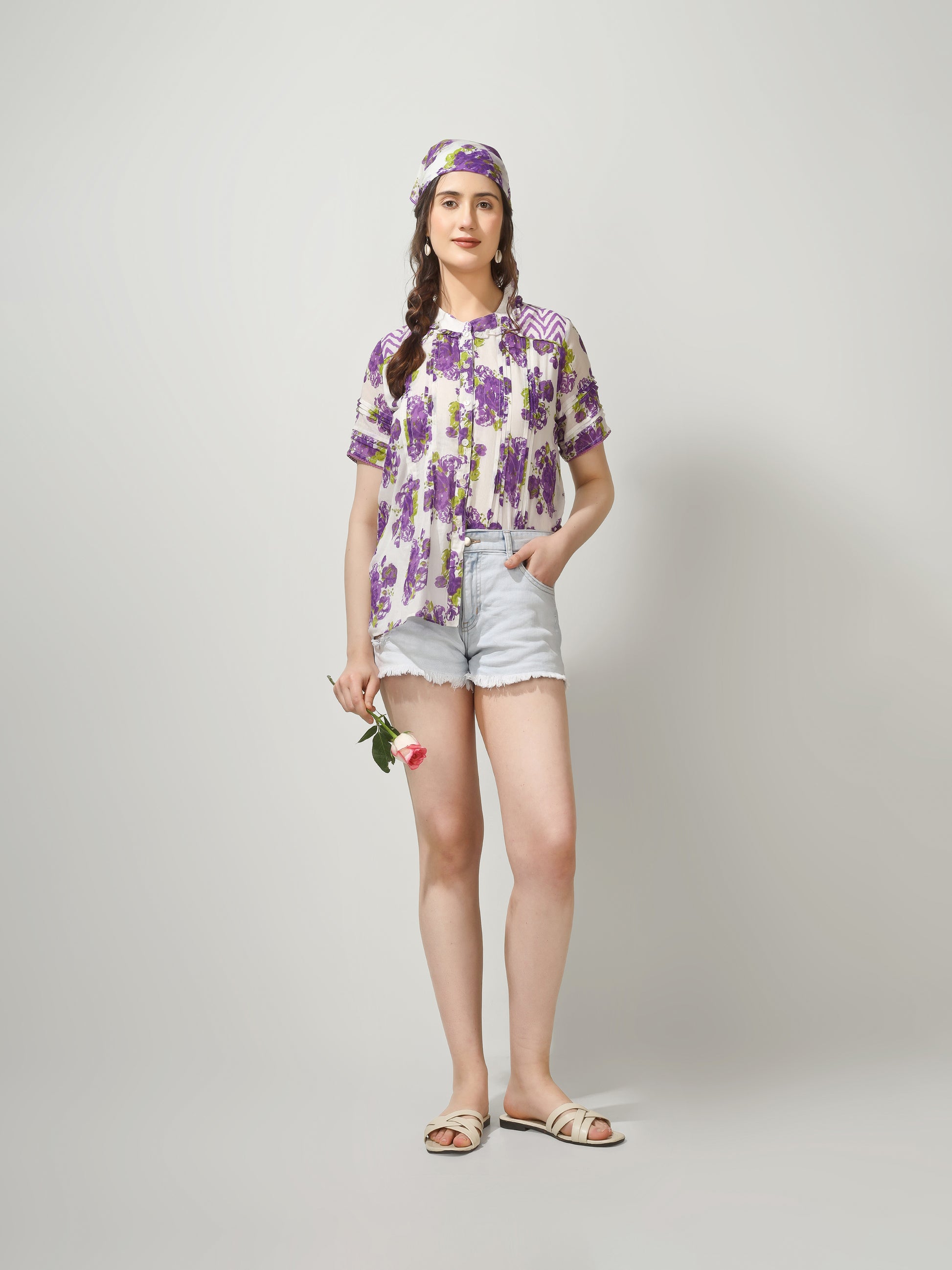Purple Printed Pintucks Shirt | JOVI Fashion India