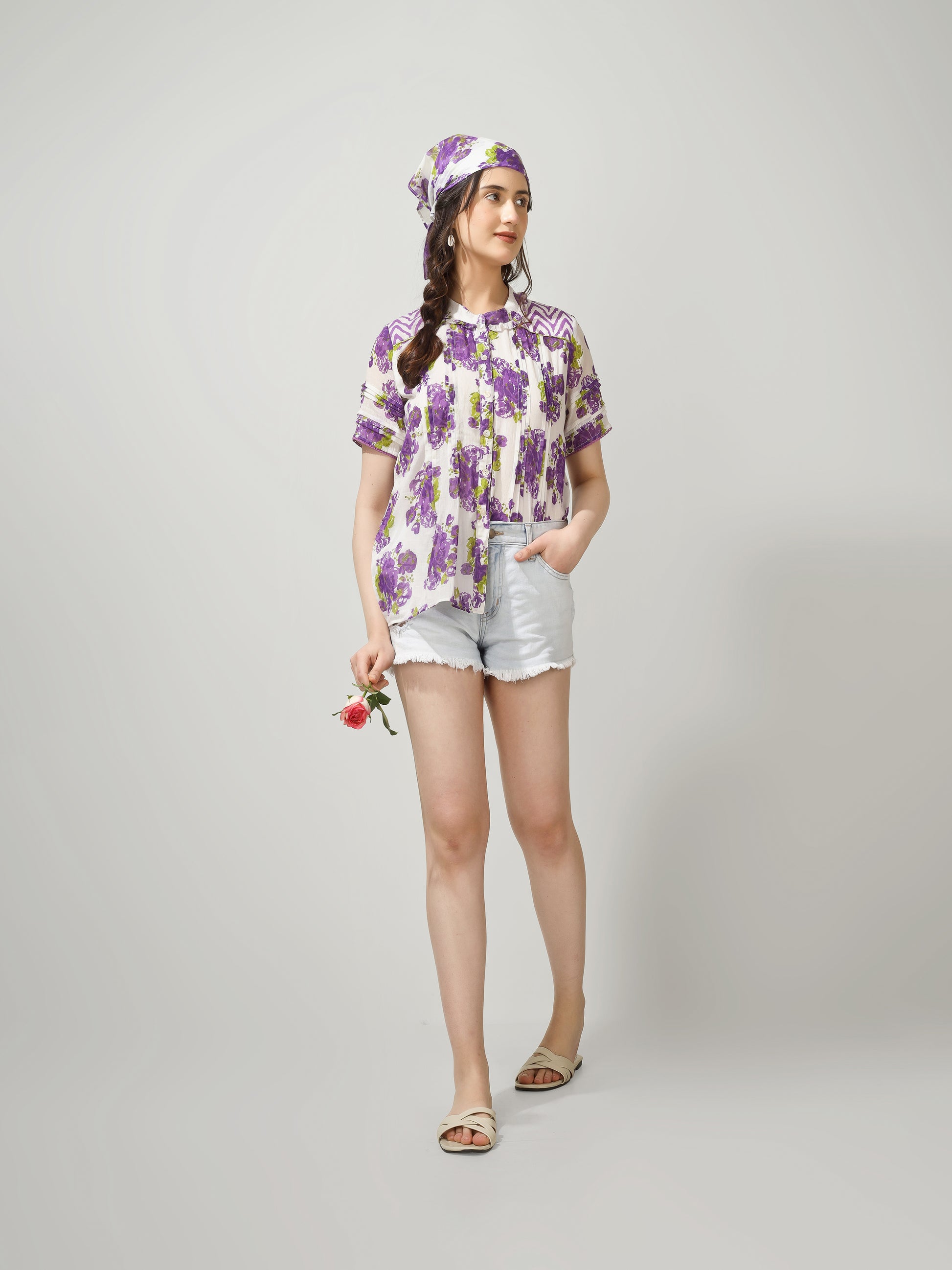 Purple Printed Pintucks Shirt | JOVI Fashion India