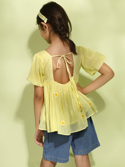 Butter Yellow Short Sleeved Embroidered Top
