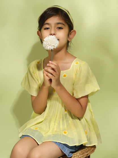 Butter Yellow Short Sleeved Embroidered Top