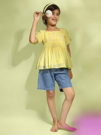 Butter Yellow Short Sleeved Embroidered Top