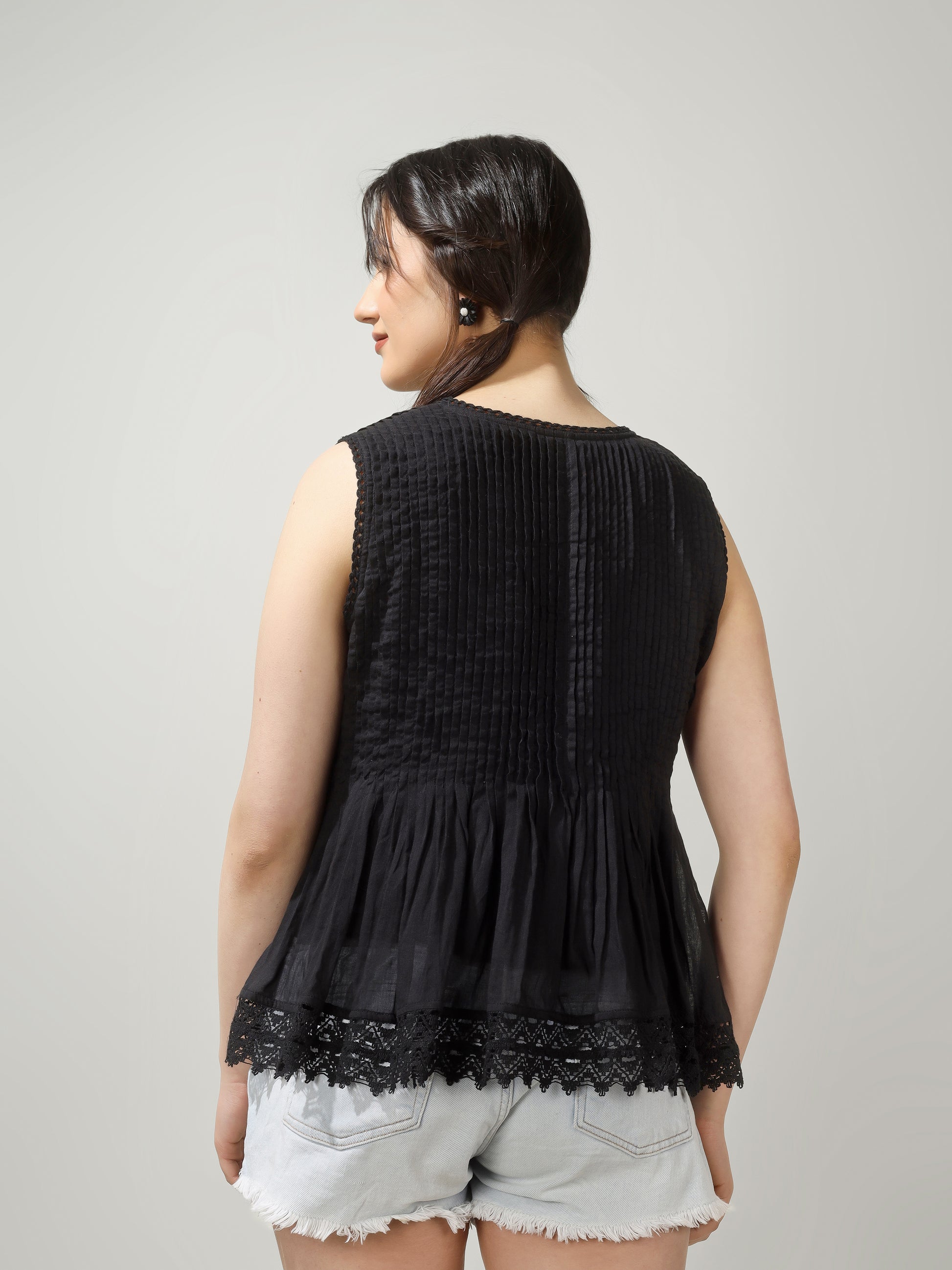 Black Sleeveless Pintucks Shirt | JOVI Fashion India