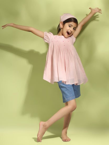 Rose Pink Bobbin Elasticated Hand Embroidered Top