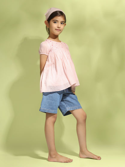 Rose Pink Bobbin Elasticated Hand Embroidered Top