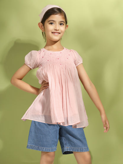 Rose Pink Bobbin Elasticated Hand Embroidered Top